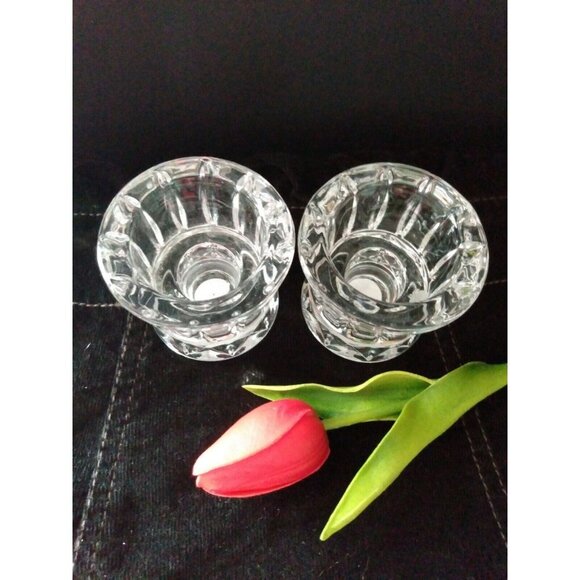 Pair Of 2 Lead Clear Crystal Candlestick Votive Candle Hokders - Picture 2 of 3